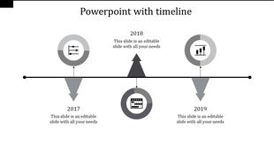 Timeline infographic with gray circular icons connected to labeled years, featuring arrows pointing up and down.