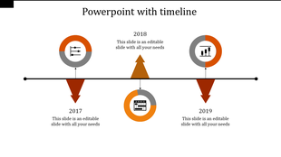 Minimalist timeline diagram displaying three years with circular icons, orange arrows, and a black connecting line.