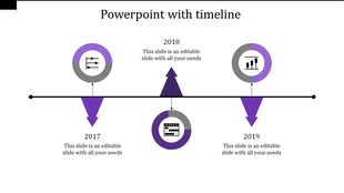 Horizontal timeline with circular icons, purple arrows, and text for years 2017, 2018, and 2019 on a white background.