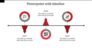 Timeline PPT slide with the years 2017, 2018, and 2019, each marked with arrows and icons with placeholder text.