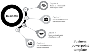 Business PPT template featuring four sections with icons for people, briefcase, handshake, and group with captions.