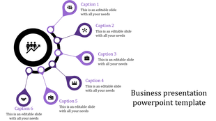 Circular diagram featuring six purple steps branching out from a black circle, each with icons and captions.