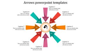 Circular diagram with eight multicolored arrows pointing outward, numbered 01 to 08 with captions.
