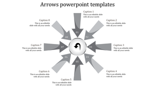 Arrows PowerPoint template with eight numbered sections, each connected by arrows and featuring captions.