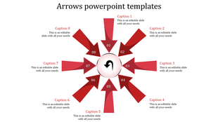 Arrows PowerPoint template with eight red numbered sections, each connected by arrows and featuring captions.