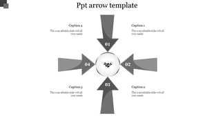 Arrows PowerPoint template with four arrows pointing towards a central handshake icon, each section labeled with captions.