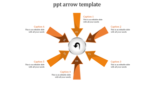 Orange circular arrow diagram with six segments pointing inward to a central circular icon placed with caption areas.
