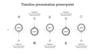 A monochrome timeline slide illustrating key years from 2015 to 2019, featuring five numbered circles with placeholder text.