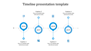 Timeline slide in blue theme featuring four milestones with year markers and associated text and icons.