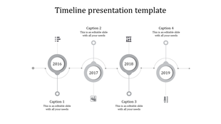 Gray timeline template with circular markers for years 2016 to 2019, each linked to captions and icons.