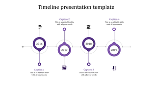 A timeline template with years 2016 to 2019 and accompanying purple icons for each year, with caption placeholders.