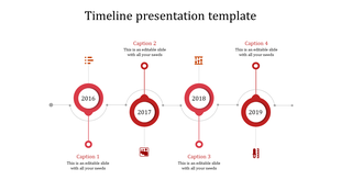 Four stage red timeline featuring circular nodes for 2016, 2017, 2018, and 2019 connected by dotted paths.