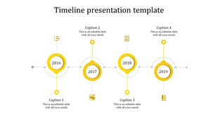 Minimalist timeline template displaying years 2016 to 2019 in yellow circular nodes with caption areas.