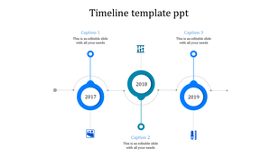 A blue timeline PowerPoint template from 2017 to 2019 with captions and icons for each year.