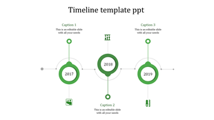 Green timeline infographic showing milestones for 2017, 2018, and 2019 with circular nodes and icons.