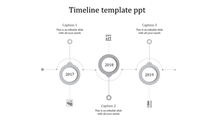 Gray timeline template with circular markers for years 2017, 2018, and 2019, each linked to captions and icons.