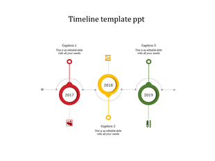 A timeline PPT template spanning 2017 to 2019 with colorful icons and captions.
