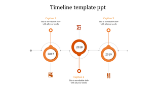 Three orange circular markers for years 2017 to 2019 connected by thin lines with small icons.