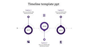 Horizontal timeline with three circular purple markers for 2017 to 2019, connected by thin lines on a white background.
