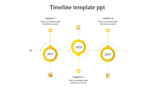 Timeline template with yellow circles highlighting years from 2017 to 2019 and associated icons.