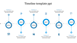 Blue timeline infographic showing milestones from 2014 to 2019 with circular nodes and icons.