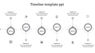 A timeline PowerPoint template from 2014 to 2019 with captions and grey icons for each year.