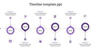 Horizontal timeline with six purple circular milestones connected by gray lines on a white background.
