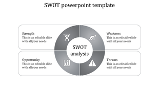 Grayscale SWOT analysis circle divided into four segments with icons for strength, weakness, opportunity, and threats.