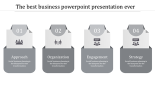Business slide with four numbered gray panels featuring icons and descriptions for various planning steps.