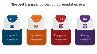 Business PowerPoint template with four colorful sections from Approach to Strategy, each with an icon and description.