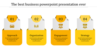 Business PowerPoint slide with four steps from Approach to Strategy, each with a yellow icon and description.