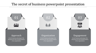 Slide design featuring three numbered gray blocks with icons and descriptions for business processes.