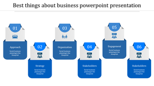 Business PPT slide with six blue sections from Approach to Stakeholders with icons and placeholder text.