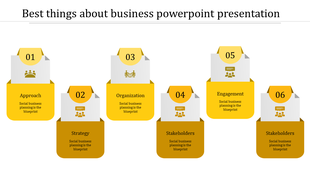 Colorful business PowerPoint slide featuring yellow icons from approach to stakeholders with descriptions.