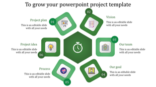 Project workflow design with six green diamonds, each showcasing icons and captions, centered on a hexagonal clock icon.