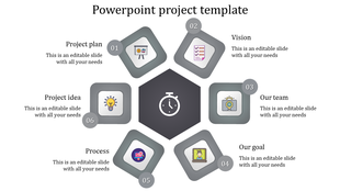 Project PowerPoint slide featuring sections from project plan to idea with grey coded icons and placeholder text.