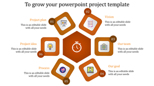 Hexagonal orange design with six labeled blocks for Project Plan, Vision, Team, Goal, Process, and Idea.