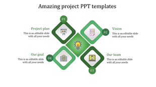 Project PowerPoint template with green coded icons for project plan, vision, team, and goals with placeholder text.