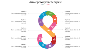 A colorful arrow diagram with ten sections, each containing a caption and icon with placeholder text.