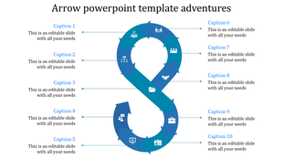 Infinity loop blue arrow diagram with ten captions linked to icons, illustrating continuous workflow stages.