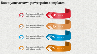 Colorful ribbon arrows stacked vertically in red, orange, and blue, featuring captions and directional icons.