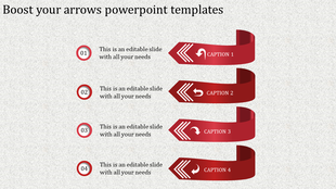 Vertical gradient ribbon arrows with four stages in red, numbered circles on the left placed in a white backdrop.