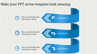 PowerPoint slide featuring three blue arrows with captions and placeholder text.