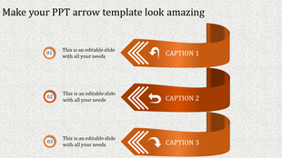 Three orange ribbon like arrows arranged vertically with bold black icons and numbered text sections.