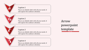 Vertical layout with four red arrow shapes pointing down, each paired with rectangular text boxes on a light background.