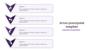 Purple split arrow PowerPoint template with caption placeholders.