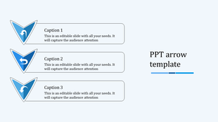 Blue gradient arrows with circular icons pointing left, aligned with captions areas in rectangular boxes.