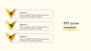 Arrow template with three yellow gradient arrows pointing left, each linked to captions areas in a beige background.