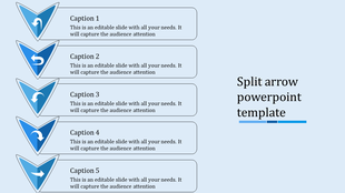 Five blue split arrows in a vertical sequence, each paired with a text box for descriptive captions.
