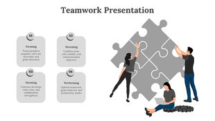 Three team members work together to complete a puzzle, each representing a different stage of teamwork development.